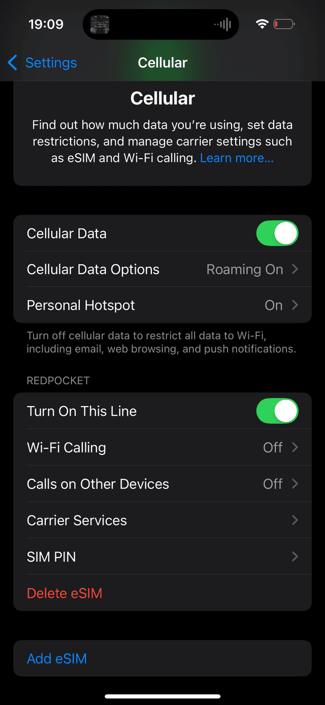 iOS Cellular Settings Page